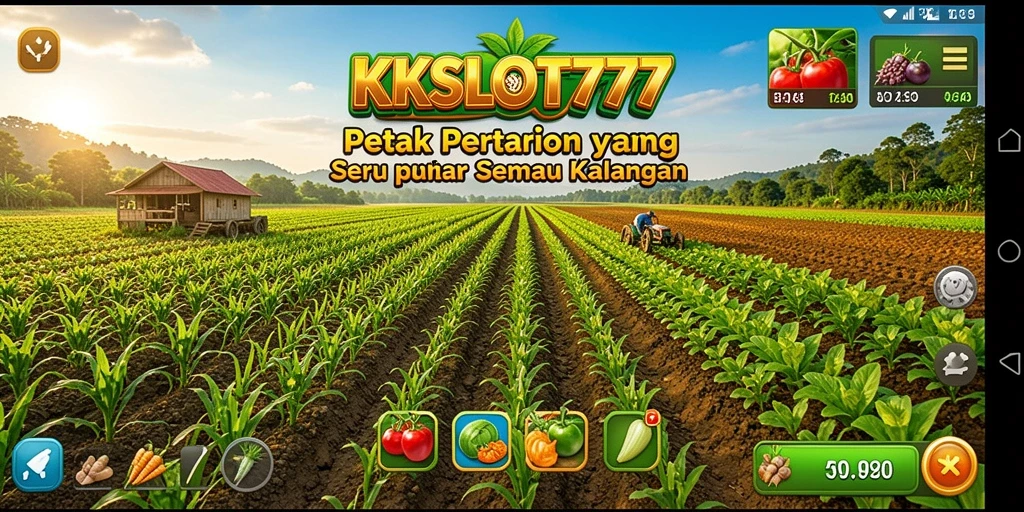 Tampilan gameplay KKSLOT777 dengan ladang hijau subur dan tanaman berbunga.